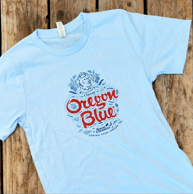 Oregon Blue label design on light blue t-shirt