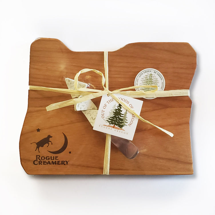 Oregon shaped cutting boardw ith Rogue Creamery Branding