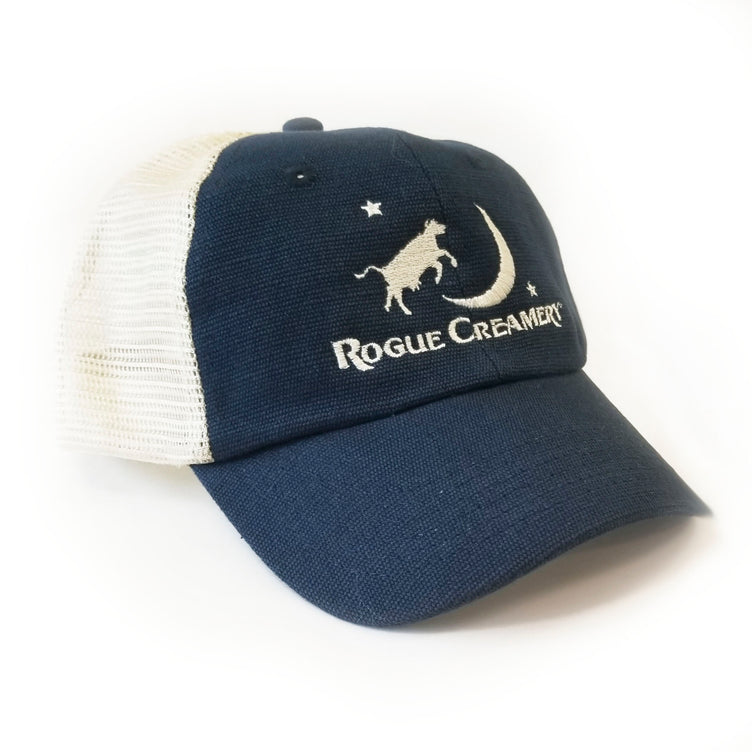 Rogue Creamery logo on a hat with white background