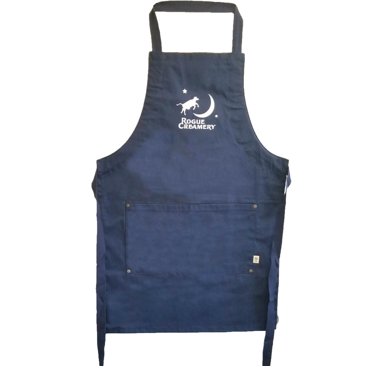 Rogue Creamery blue apron with Rogue Creamery logo on white background