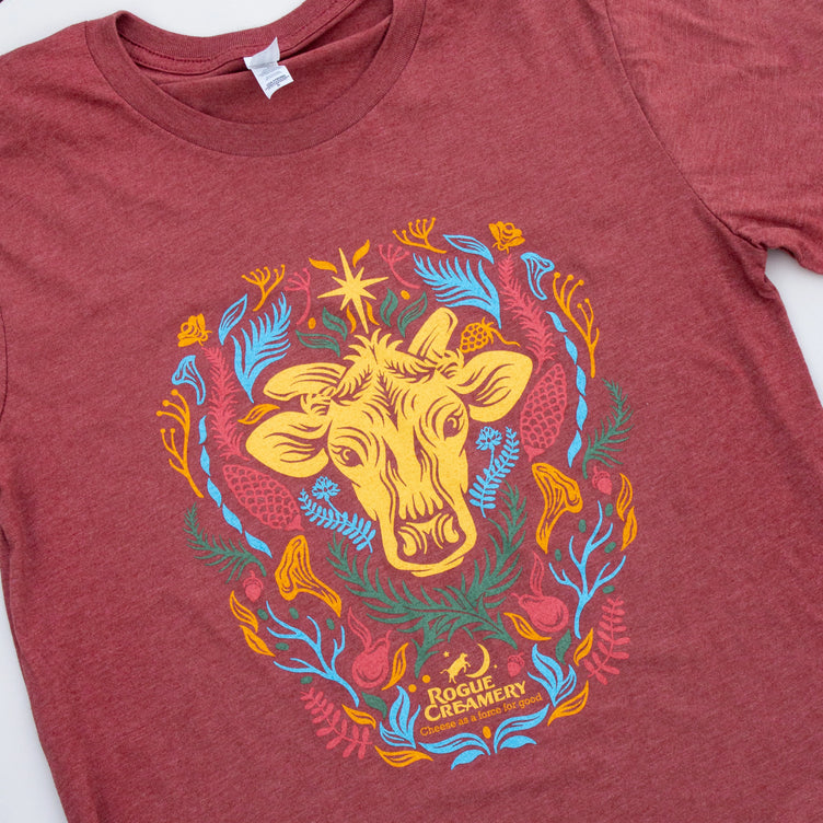 Floral cow print on red t-shirt