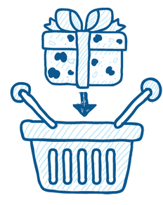 Blue line drawing of a gift box with a ribbon above an arrow pointing to a shopping basket.