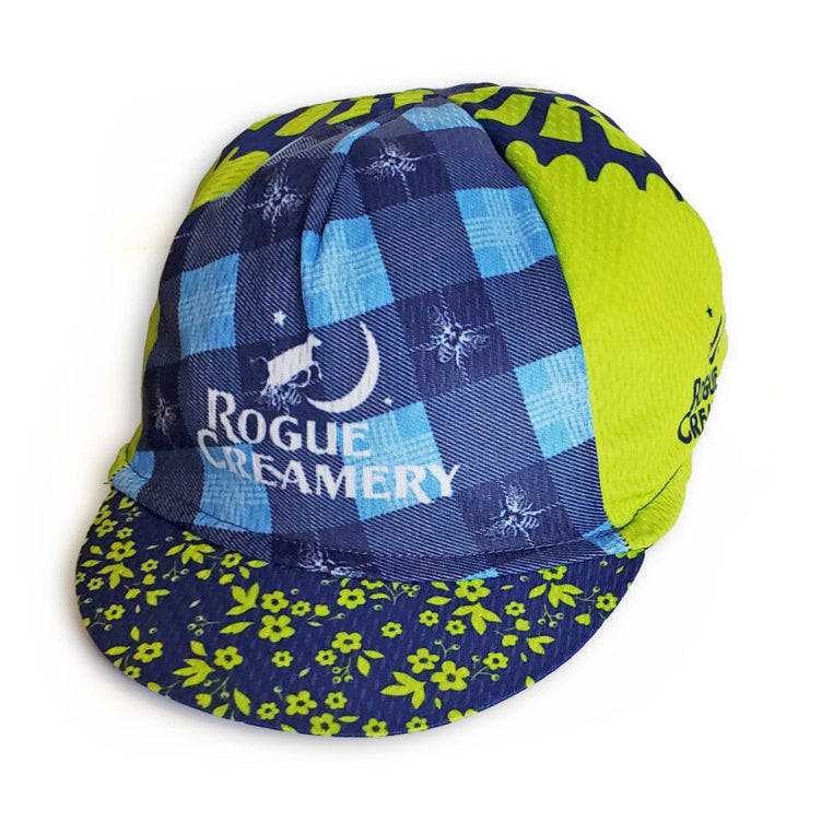 Rogue Creamery bike hat with green and blue pattern