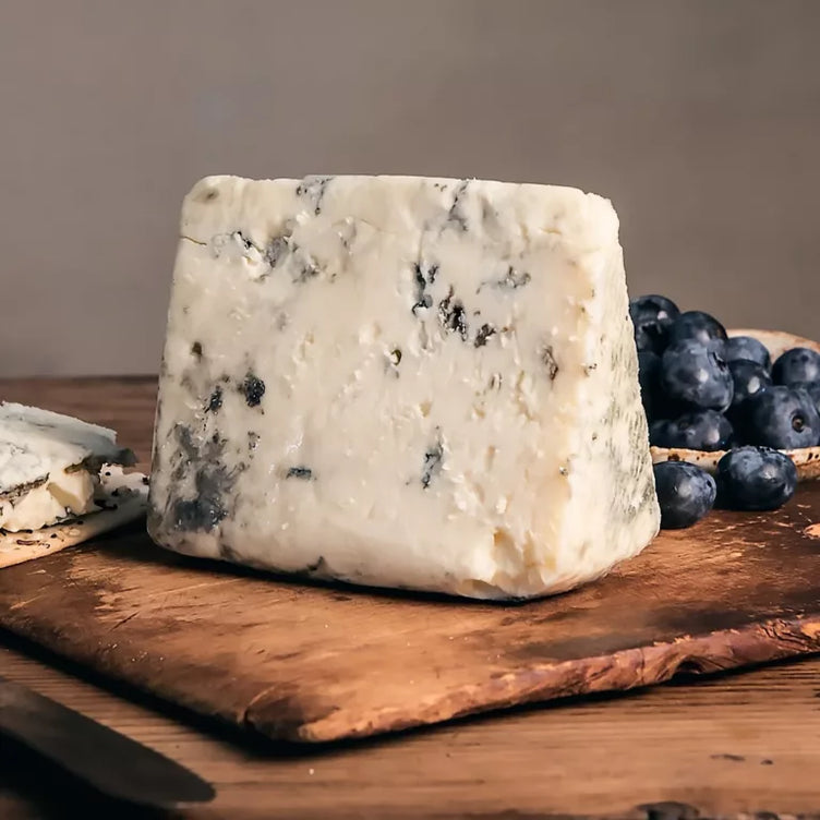 Wedge of organic blue cheese on cutting board with blueberries