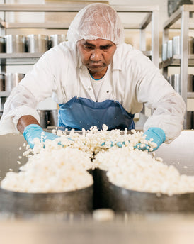 Cheese maker presses curds into hoops