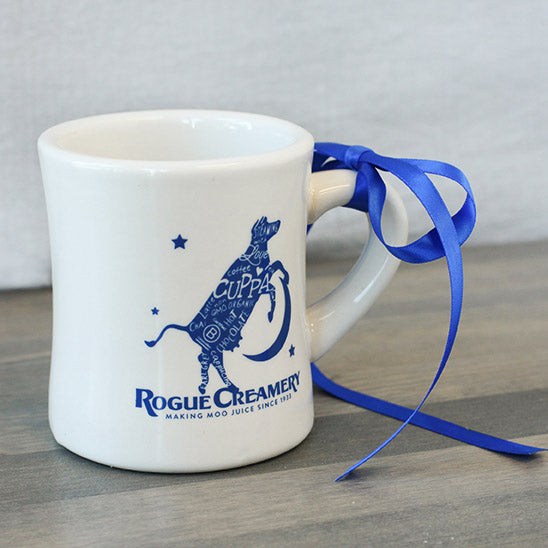 Rogue Creamery Diner Mug with blue ribbon wrapped around the handle