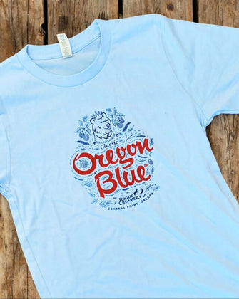 Oregon Blue label design on light blue t-shirt