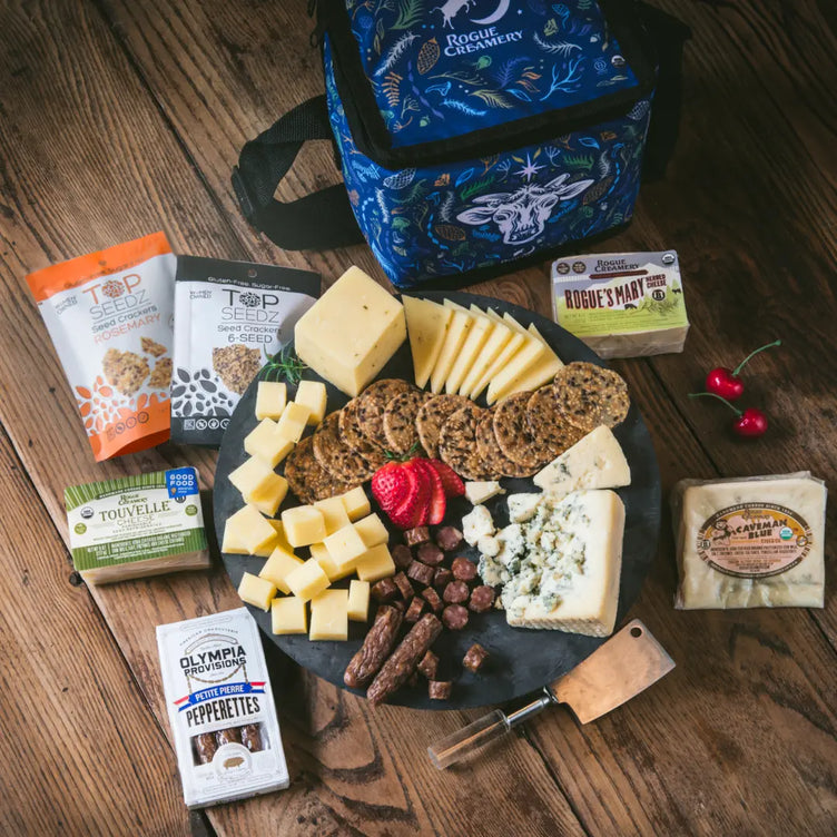 Organic cheeses, crackers, salami, and cooler back on wooden background