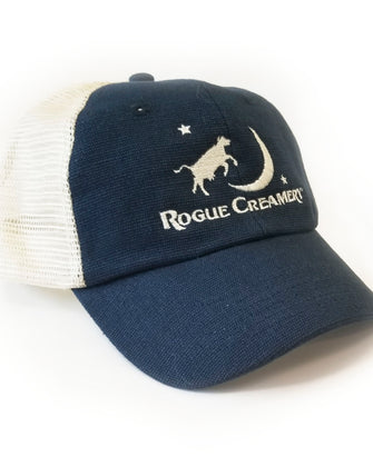 Rogue Creamery logo on a hat with white background