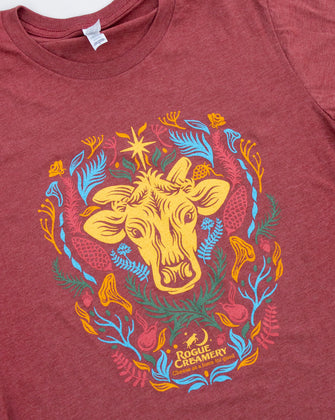 Floral cow print on red t-shirt