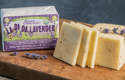 Rogue Creamery La Di Da Lavender cut slices on cutting board