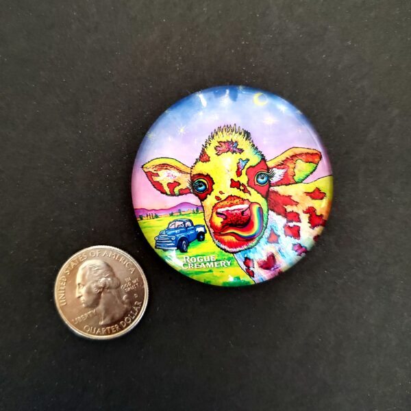 Colorful Cow Magnet compared to quarter for scale