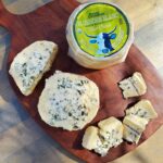 Cheese Club Exclusive Bluehorn Blanc Mini Blue Cheese Wheel on Cutting Board with Label