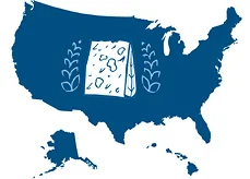 Artistic drawing of United States with cheese wedge in the middle