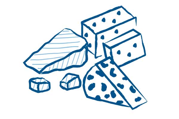 Artistic drawing of various cheeses in blue outline.