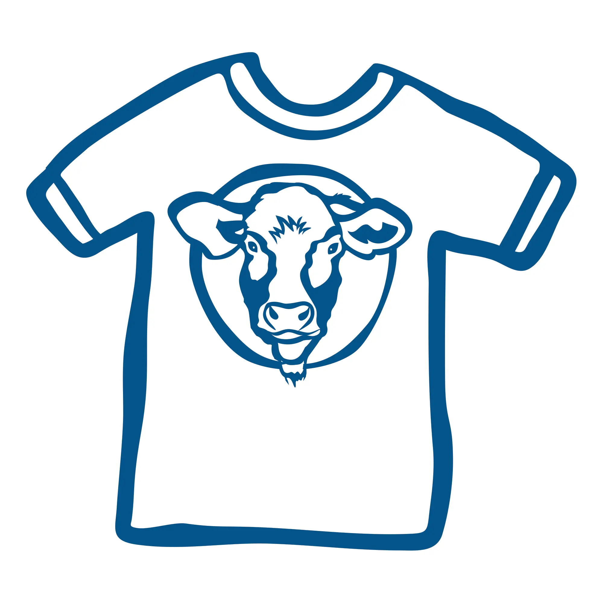 Artistic drawing of a shirt with cow head in blue outline.