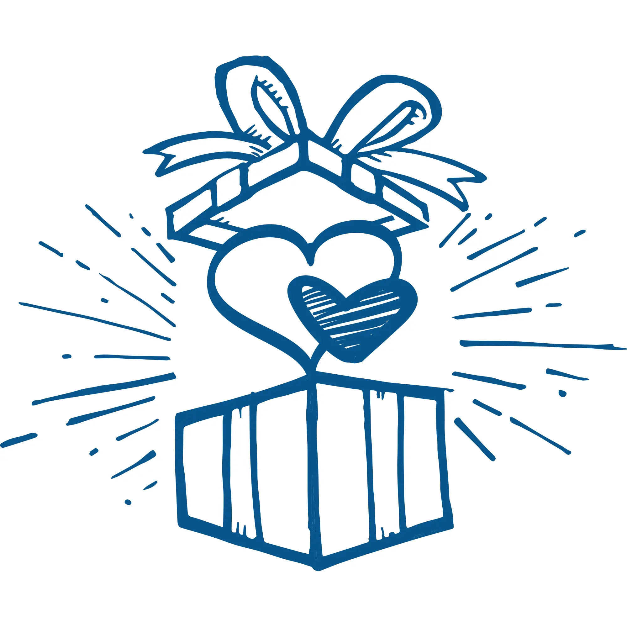 Artistic drawing of a present opening with a heart in blue outline.