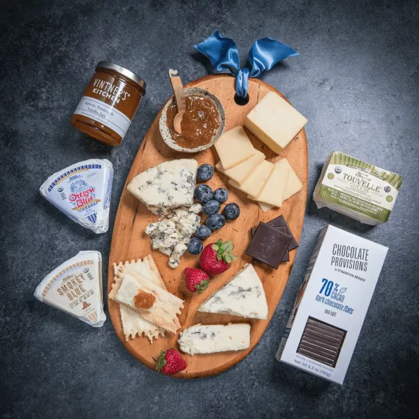 Rogue Sampler Cheeses, Chocolate, and James on cheese board with product packaging surrounding